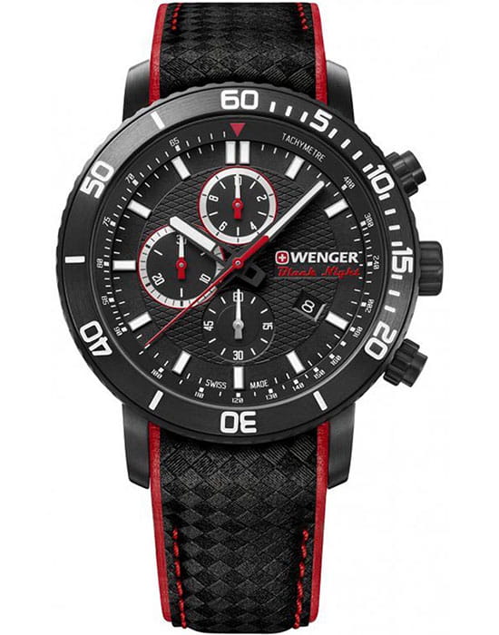 Wenger 01.1843.109  01.1843.109 кварцевые мужские часы черный циферблат, браслет кожаный — вид спереди