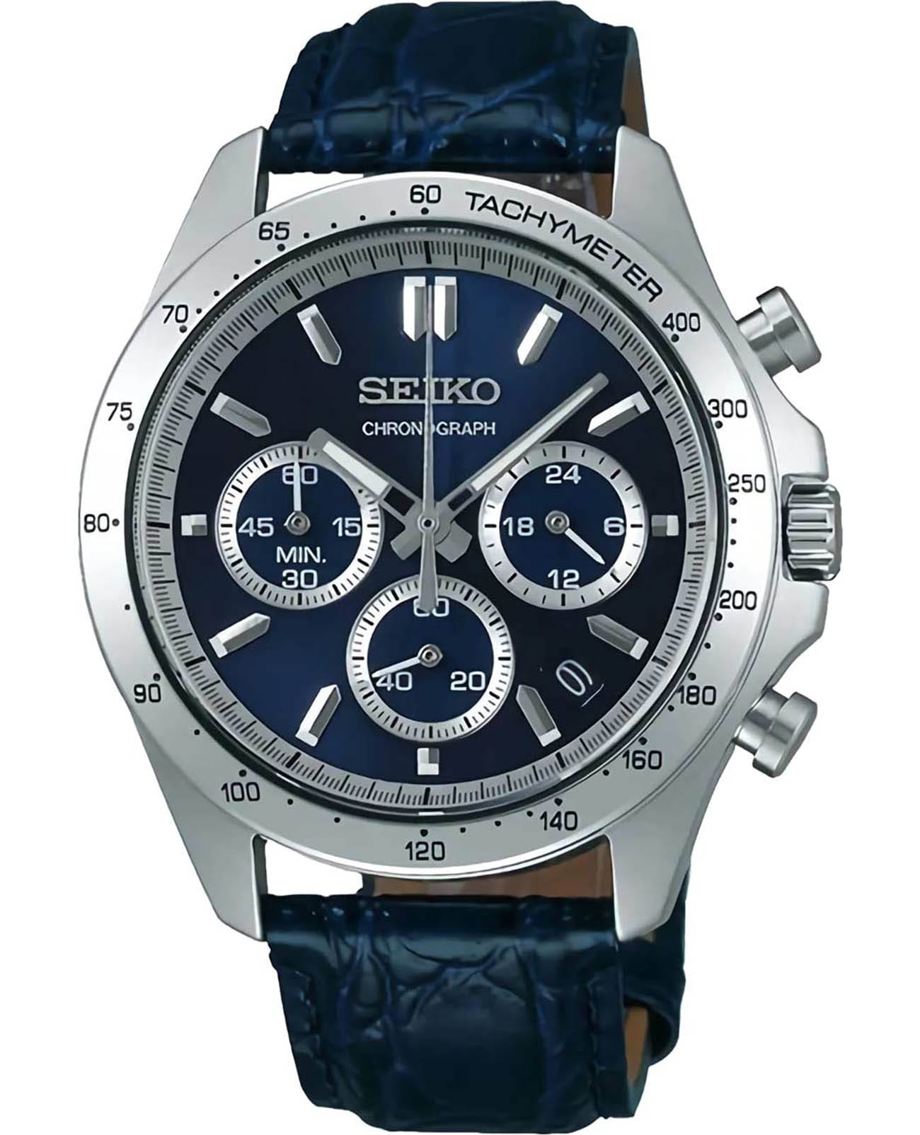 Seiko Seiko Spirit Chronograph SBTR019  SBTR019 кварцевые мужские часы синий циферблат, браслет кожаный — вид спереди