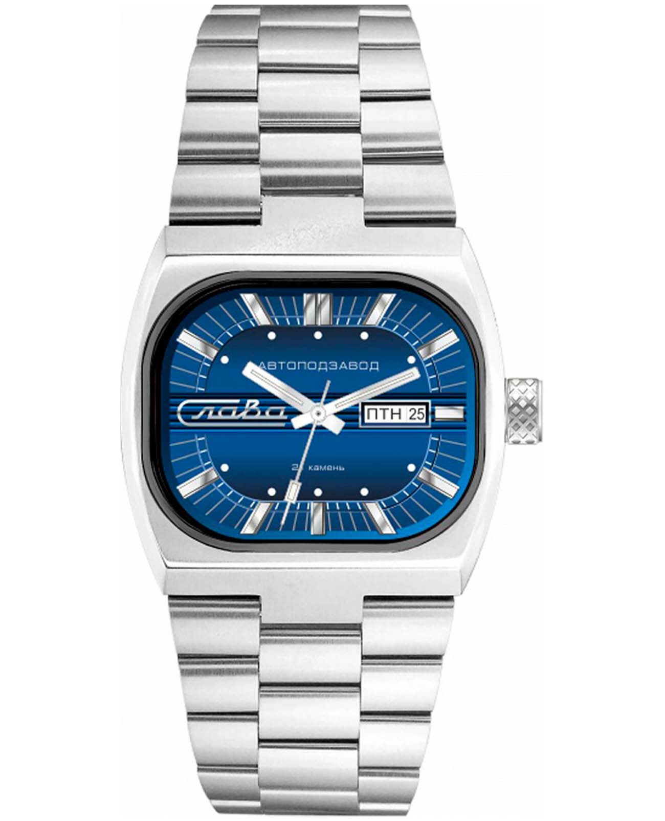 Слава Слава Телевизор 3042703/100-8205  3042703/100-8205 механические мужские часы синий циферблат, браслет нержавеющая сталь — вид спереди