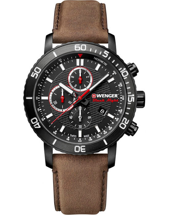 Wenger 01.1843.107  01.1843.107 кварцевые мужские часы черный циферблат, браслет кожаный — вид спереди