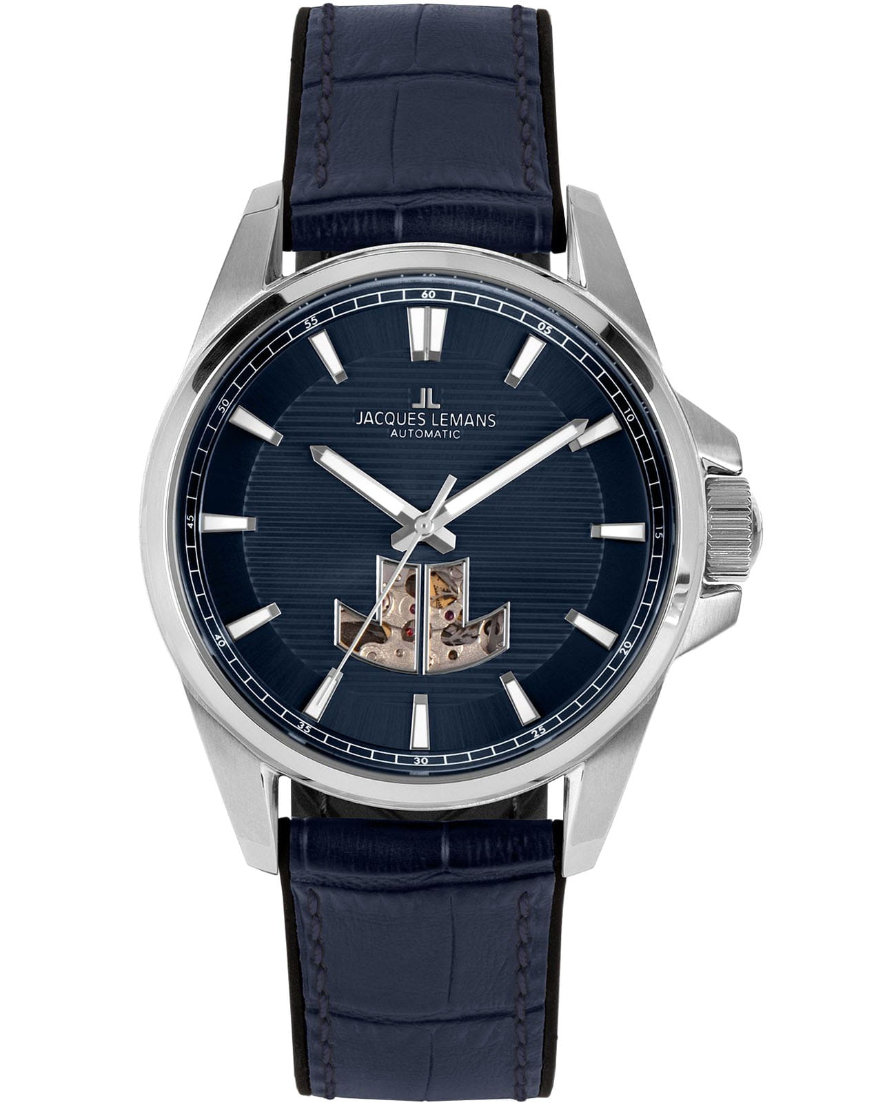 Jacques Lemans Jacques Lemans Sport 1-2209D  1-2209D механические мужские часы синий циферблат, браслет кожа + силикон — вид спереди