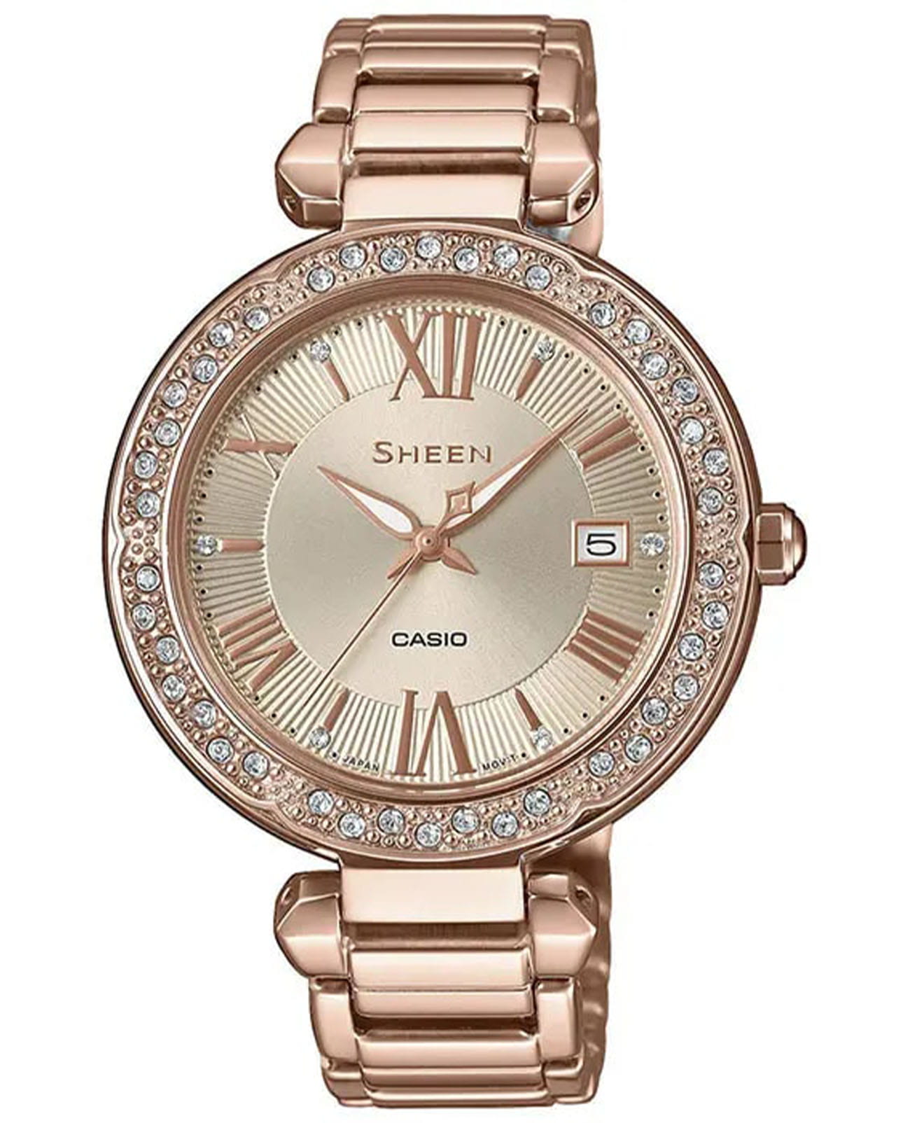 Casio Casio Sheen SHE-4057PG-4AUER  SHE-4057PG-4A кварцевые женские часы золотой циферблат, браслет сталь с ip покрытием — вид спереди