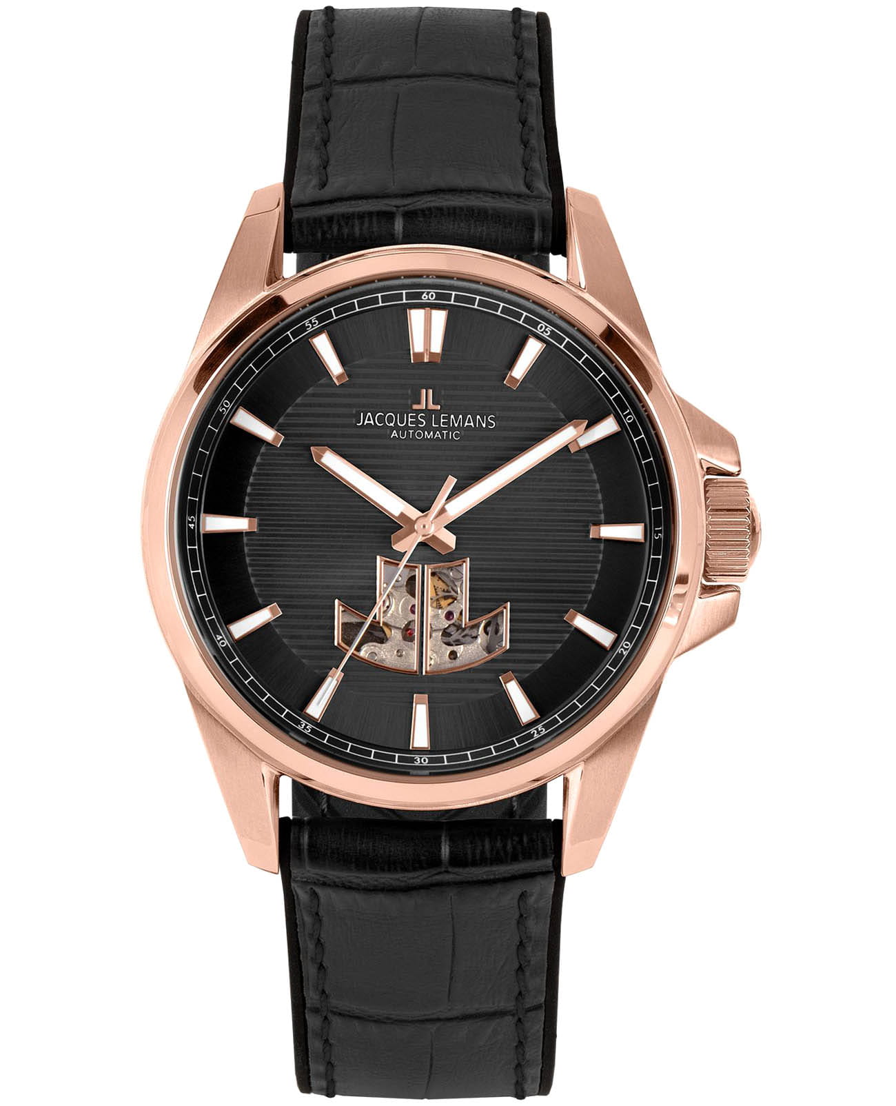 Jacques Lemans Jacques Lemans Sport 1-2209E  1-2209E механические мужские часы черный циферблат, браслет кожа + силикон — вид спереди