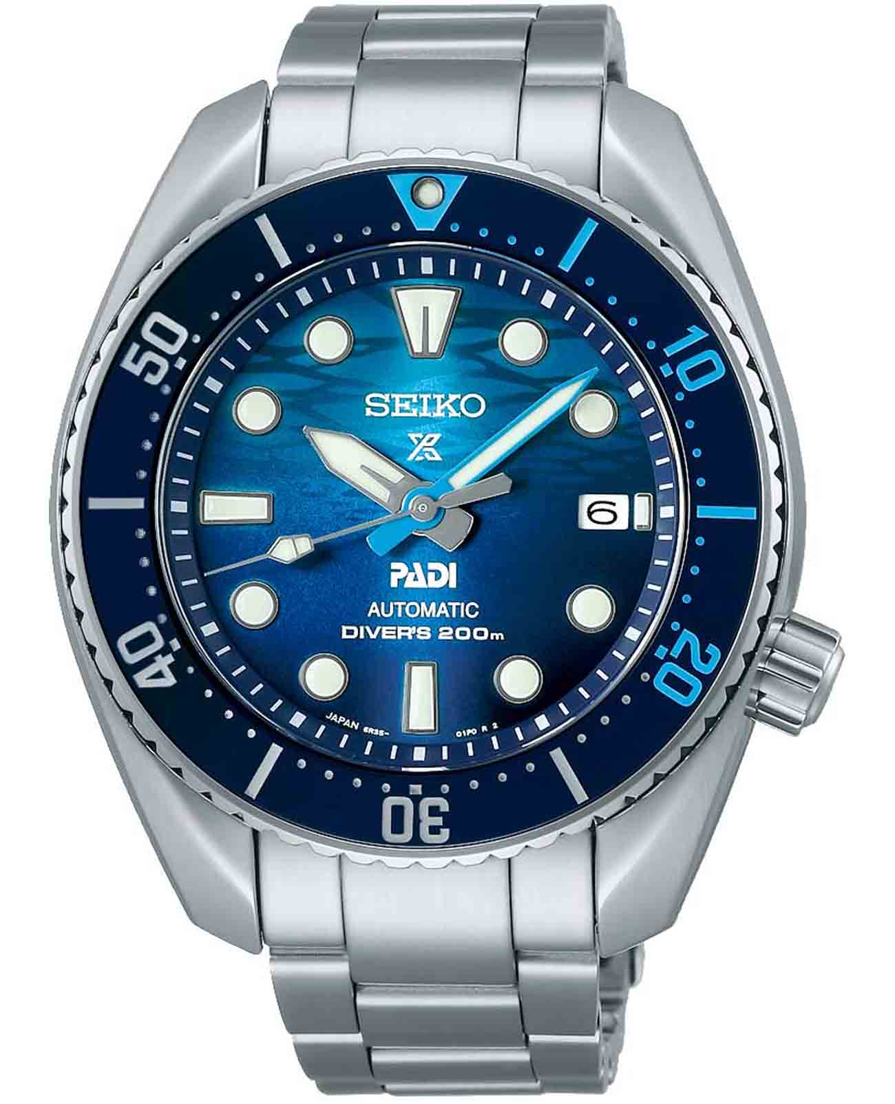 Seiko Seiko Prospex SPB375J1 PADI SPB375J1 механические мужские часы синий циферблат, браслет нержавеющая сталь — вид спереди