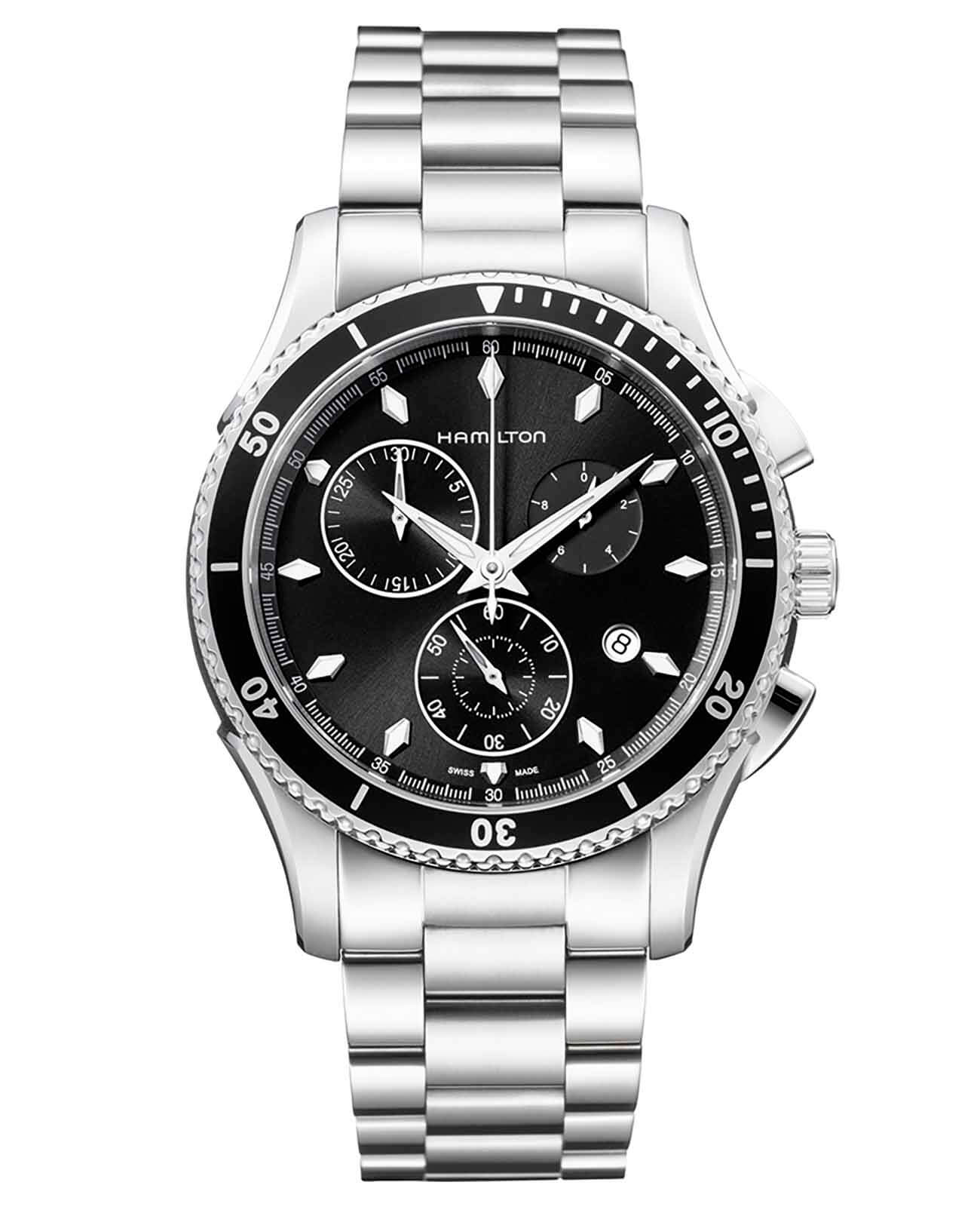 Hamilton Hamilton Jazzmaster Seaview Chrono Quartz H37512131  H37512131 кварцевые мужские часы черный циферблат, браслет нержавеющая сталь — вид спереди
