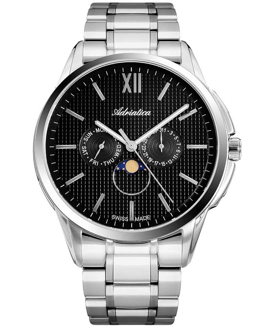 Adriatica Adriatica Moonphase A8283.5166QF  A8283.5166QF кварцевые мужские часы черный циферблат, браслет нержавеющая сталь — вид спереди