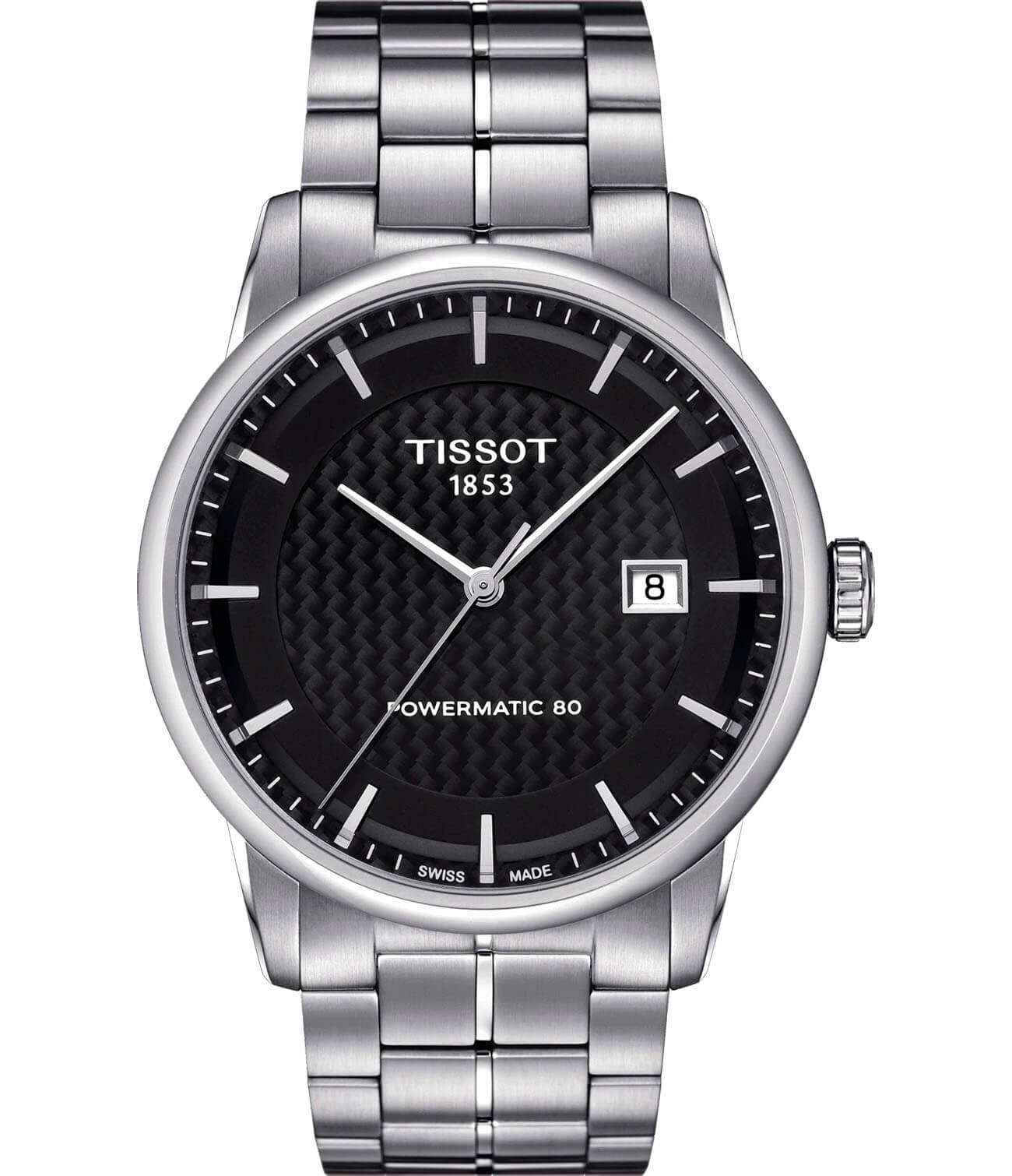 Tissot Tissot Luxury Powermatic 80 T086.407.11.201.02  T0864071120102 механические мужские часы черный циферблат, браслет нержавеющая сталь — вид спереди