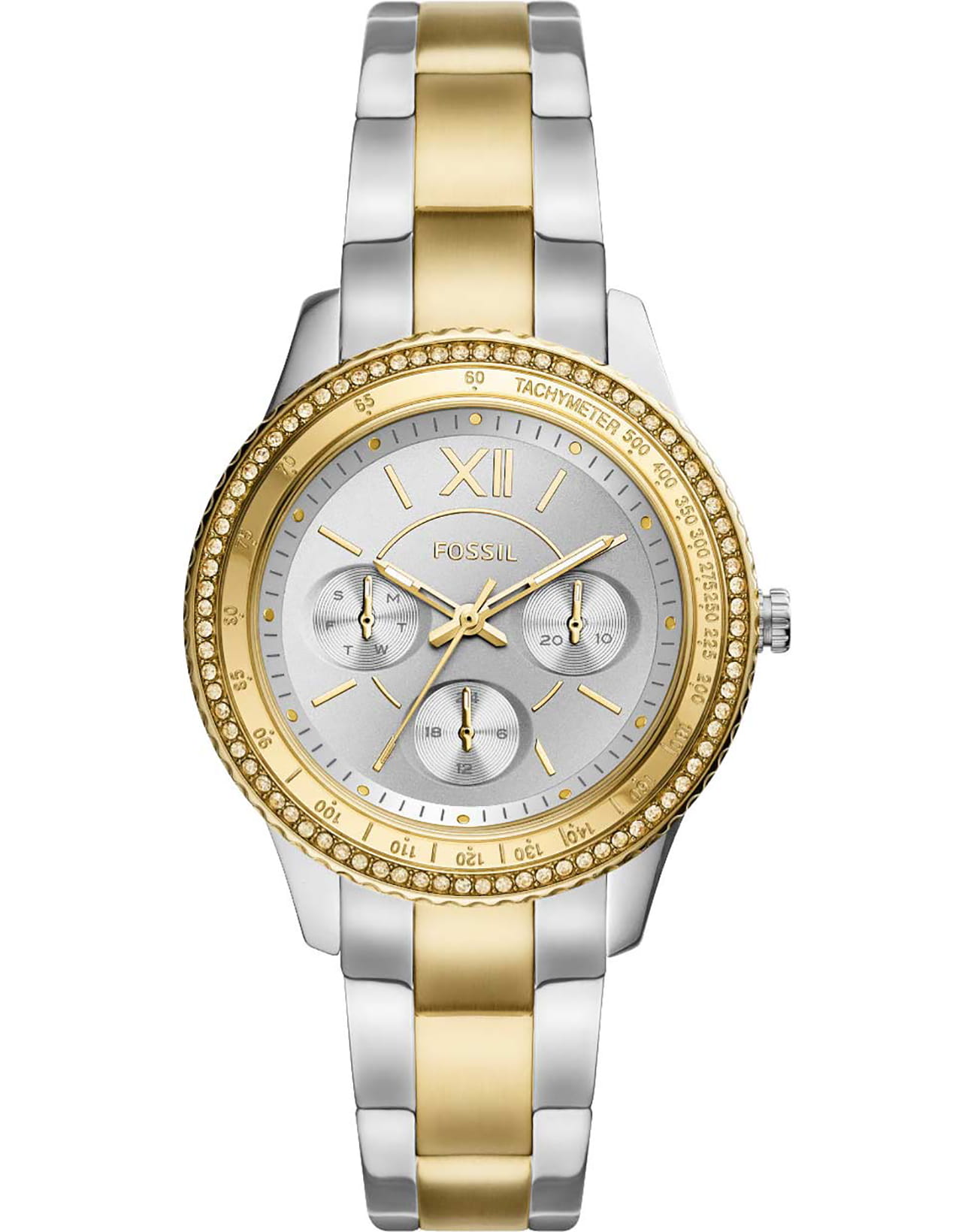 Fossil Fossil Stella  ES5107  ES5107 кварцевые женские часы белый циферблат, браслет сталь с ip покрытием — вид спереди