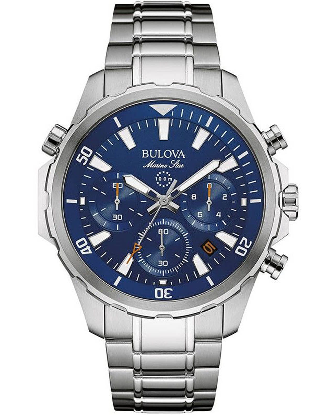 Bulova Bulova Marine Star 96B256  96B256 кварцевые мужские часы синий циферблат, браслет нержавеющая сталь — вид спереди