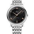 Omega Omega De Ville Prestige 434.10.40.20.01.001  Prestige 43410402001001 механические мужские часы черный циферблат, браслет нержавеющая сталь — вид спереди